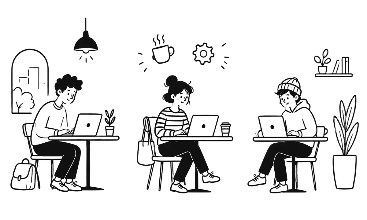 Minh họa ba người trẻ làm việc với laptop trong quán cà phê